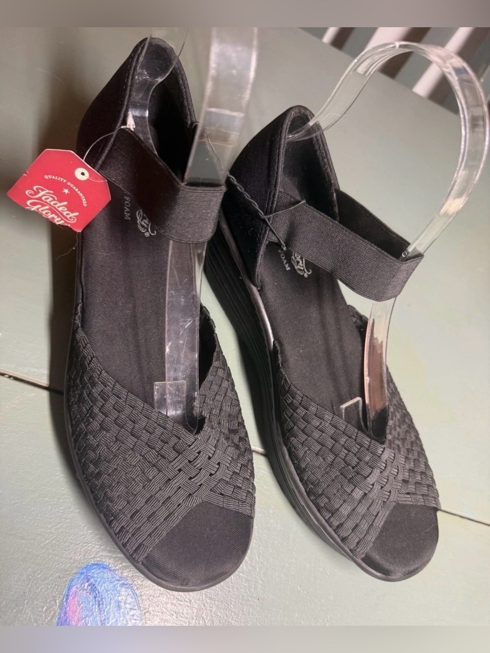 Faded Glory Black Woven Wedge Sandals with Elastic Strap Platform Peep Toe